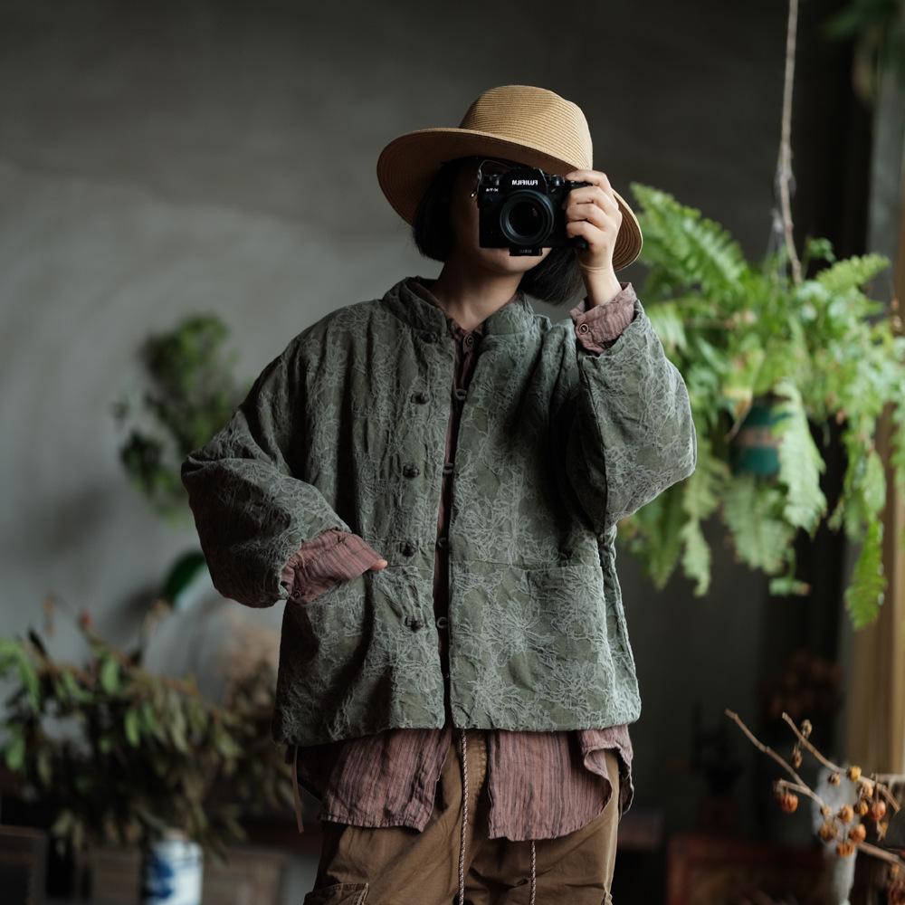 

Johnature льняной принт, винтажное женское пальто в китайском стиле, весенние свободные пальто с длинными рукавами и круглым вырезом в стиле ретро, ​​парки с карманами One Size зелёный