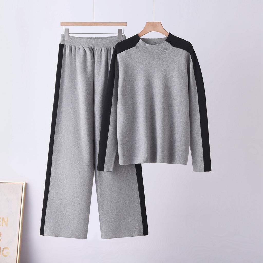 Cross-border Semi-turtleneck Sweater Set Europe, America, 2026 Autumn and Winter Contrasting Colors Splicing Wide-leg Pants Fashion Knitted Two-piece