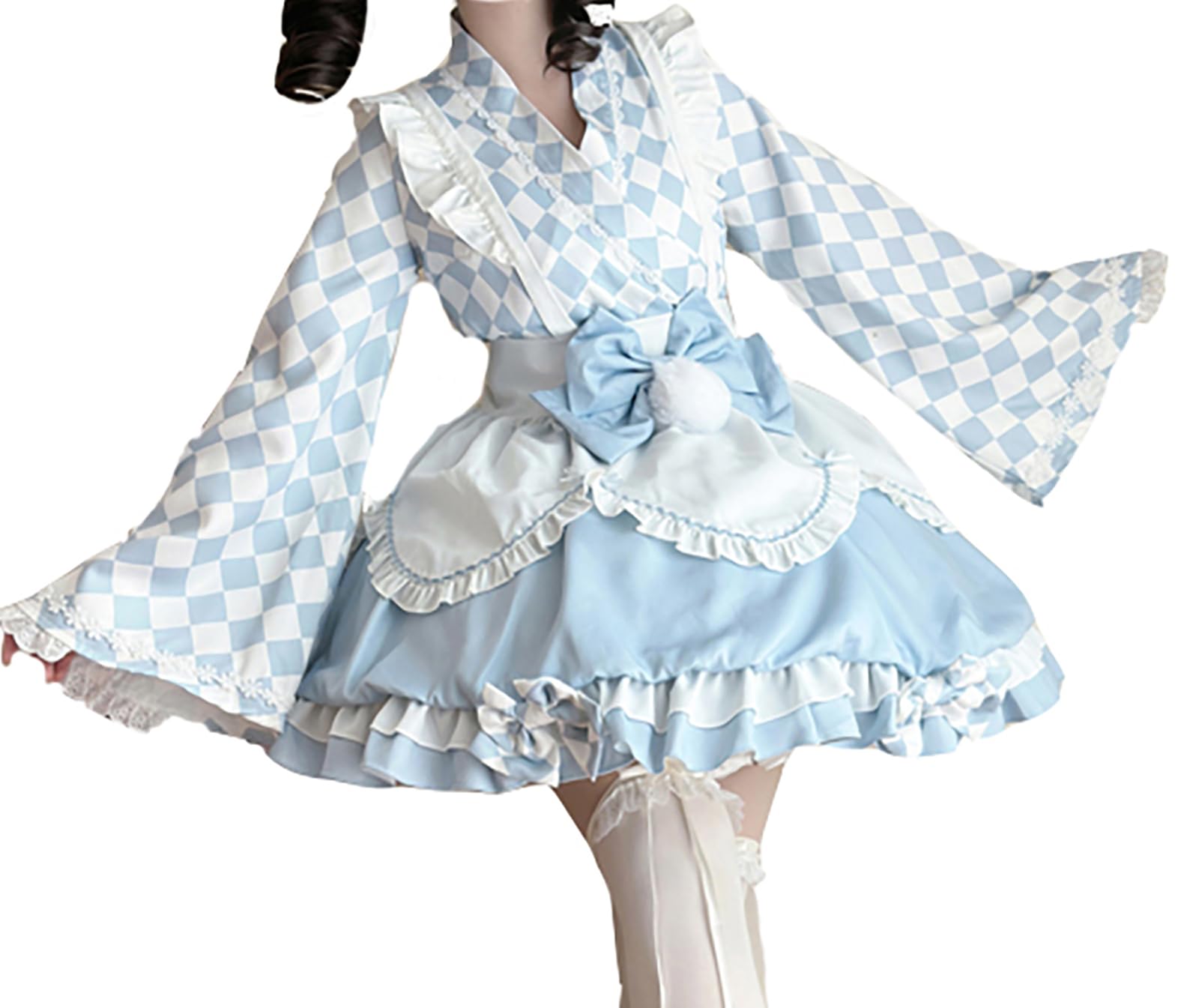 

XHSUKADO Набор включает Мини и Милый Клетчатый Длинный Светлый Размер S Женское Кимоно/Юката из 4 предметов (Лето / Осень) - Топ, Юбка, Фартук, Оби, Лента. синий