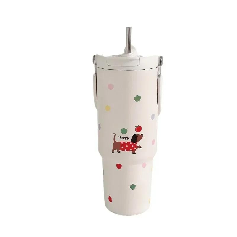 900ML 316 Stainless Steel Cute Insulated Tumbler Coffee Cup For Girls Thermo Bottle Travel Mug Vacuum Flask With Handle Straw