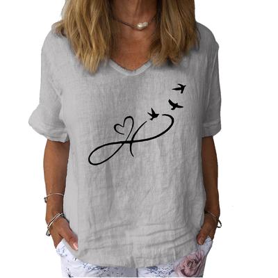 Damenmode Baumwollleinen T-Shirt Lässiges V-Kragen Kurzarm Top Damen Print T-Shirt