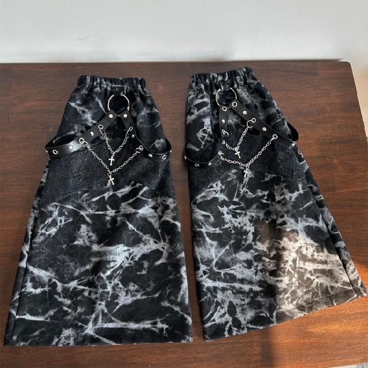 Women Punk Eyelets PU Strap Chain Flared Long Leg Sleeves Socks Mesh Splicing Tie Dye Leg Warmers Boot Covers Streetwear