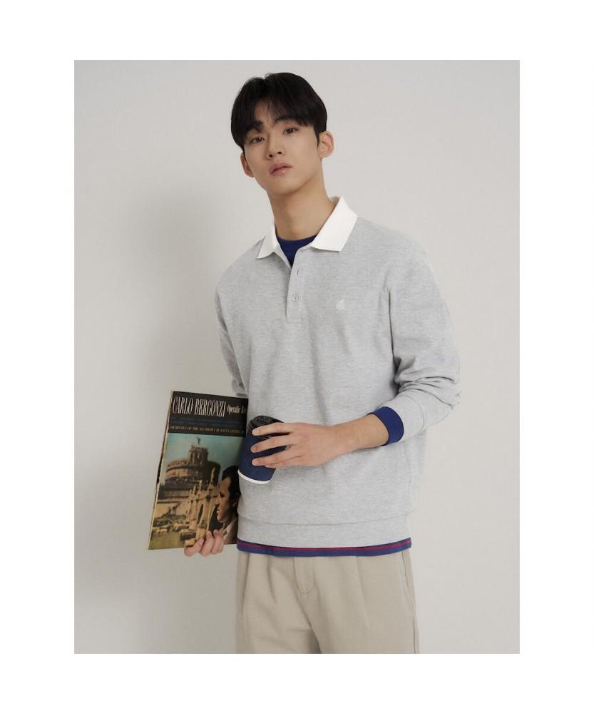 Binpolmen Collared Contrast Long Sleeve T-Shirt Light Gray