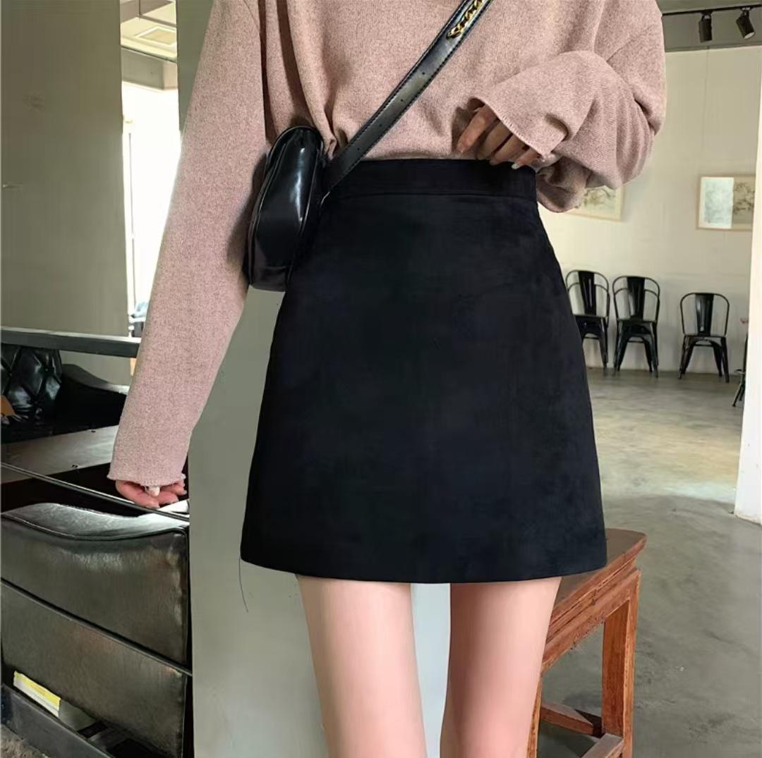 

2025 Women s Black Deerskin High Waist A-line Midi Skirt 3XL чёрный