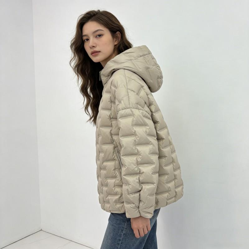 Womens Lightweight Puffer Coat With Hooded Design Quilted Square Warm Duck Down Fill Winter Daily Wear