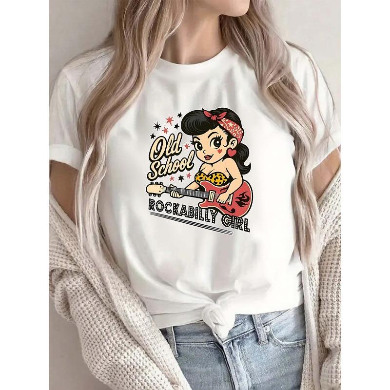 

Adorable Rockabilly Style Women S Round Neck T-Shirt, Lightweight And Comfortable Casual Top, Ideal for Everyday Use And Relaxed Outings, Retro Design S белый