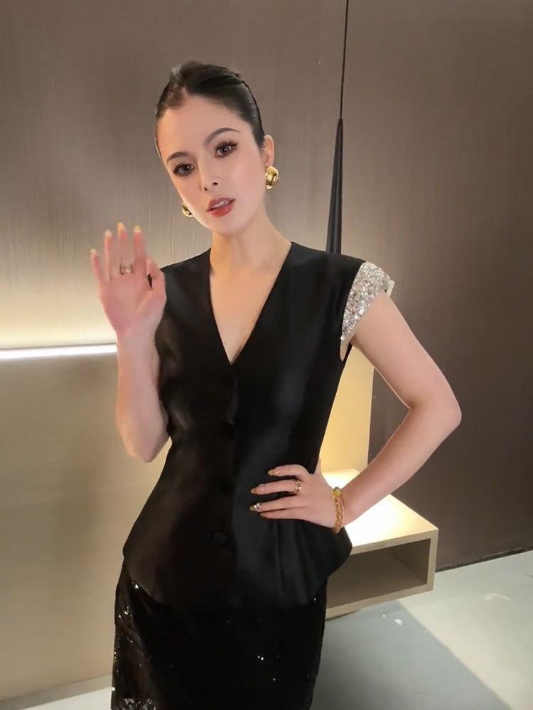 European Sequined V-Neck Sleeveless Vest for Women - Summer Light Luxury Waist-Cinched Slimming Top XL чёрный