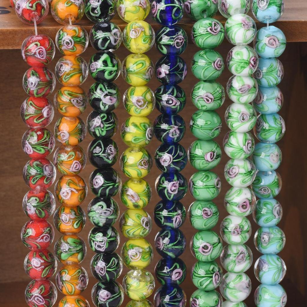 10pcs Round 12mm Flower Pattern Handmade Lampwork Glass Loose Beads For Jewelry Making Accessories DIY Crafts Findings