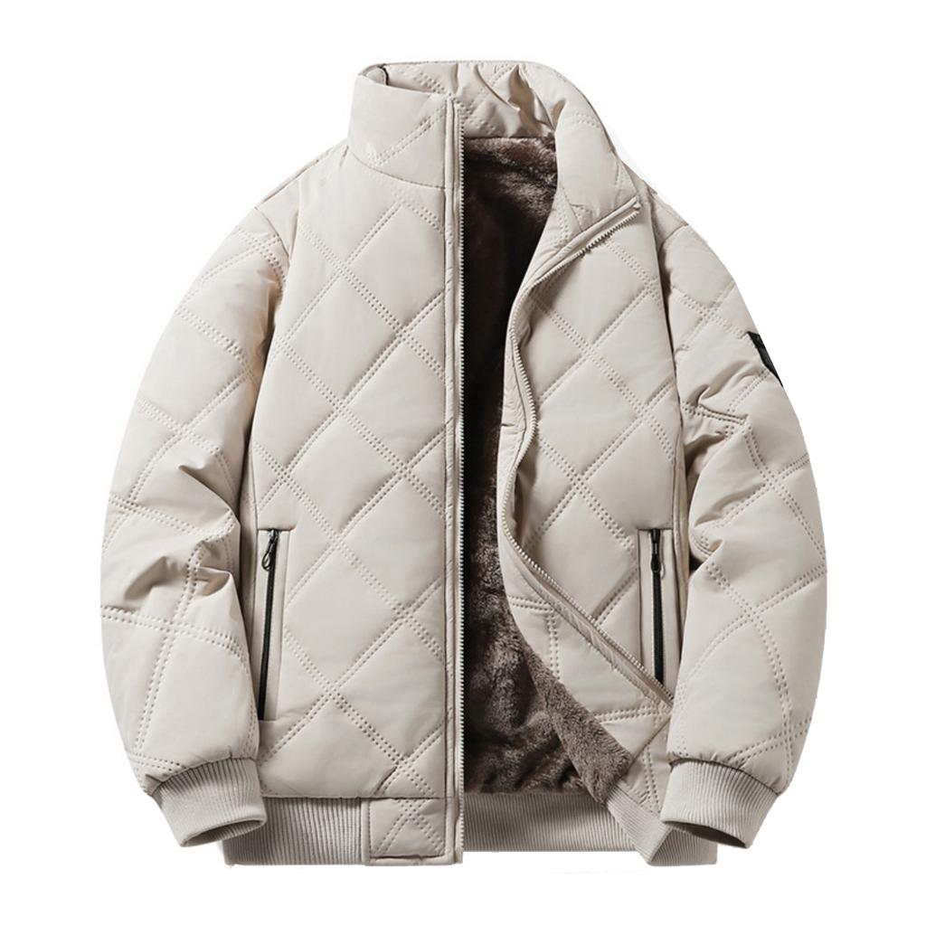Men's Casual Solid-color Stand-up Collar With Fleece Rhombic Checkered Warm Zipper Cotton Jacket