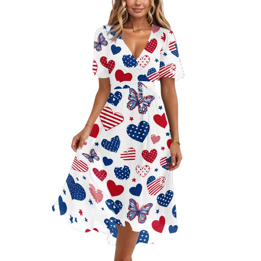 Women's Casual V Neck Short Sleeve Dress with Independence Day Stars and Stripes Print Wrap Style Midi Dress for Summer