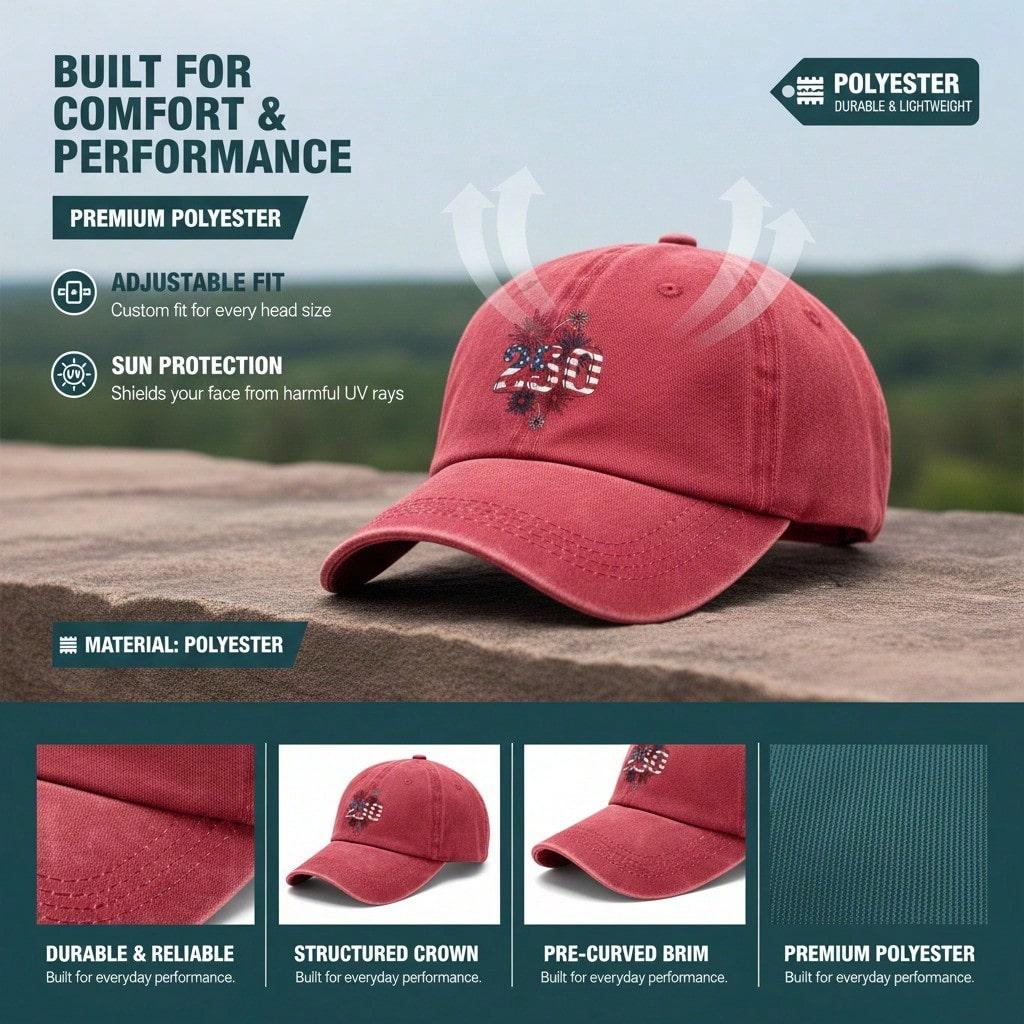 Vintage Washed Baseball Hat Unisex - USA Flag "250" Print Polyester Adjustable Sun Cap Breathable Patriotic Streetwear Outdoor Sports Cap For