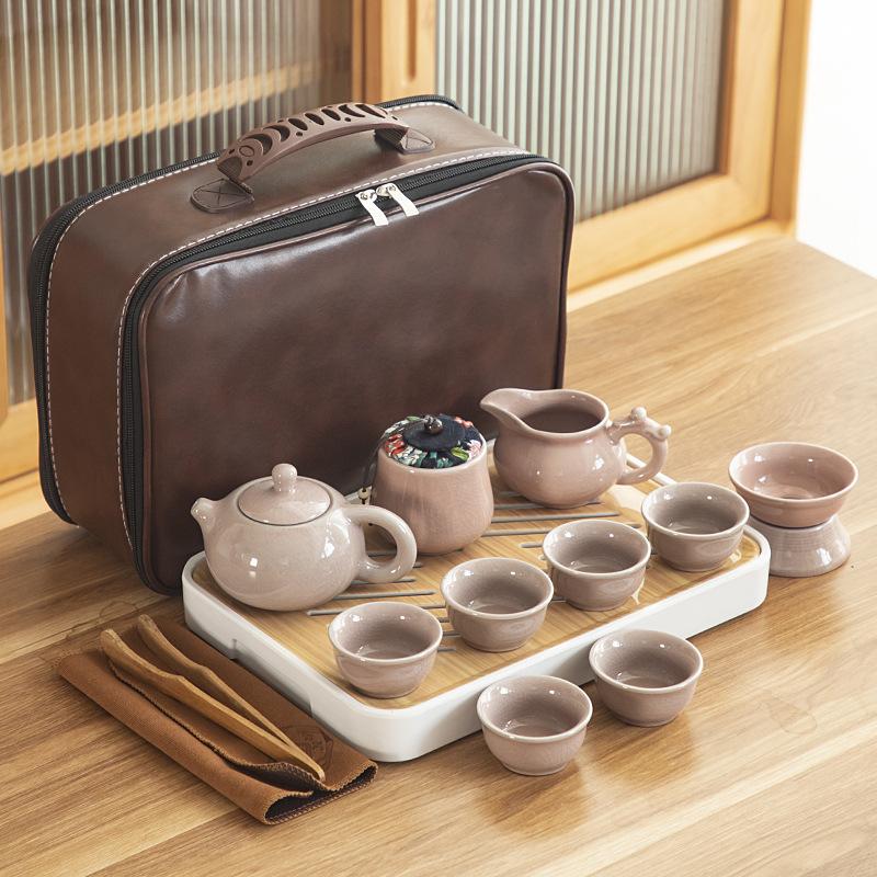 Travel ceramic Kung Fu tea set, tea tray, a full set of portable storage bags, practical business gifts for customers