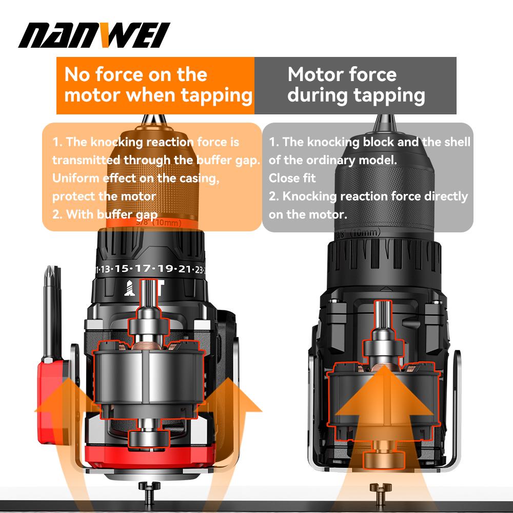 NANWEI 16.8V Brushless Multi-functional Cordless Impact Drill 45NM DIY Household Electric Screwdriver Impact Drill Power Tools Lithium Battery