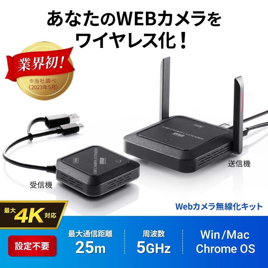 Sanwa Supply Wireless Webcam Conversion Up to 25m 4K Kit, 5GHz, Range, Compatible, USB-A/USB-C 2-Way, Windows/Mac/ChromeOS Compatible, CMS-EXW01