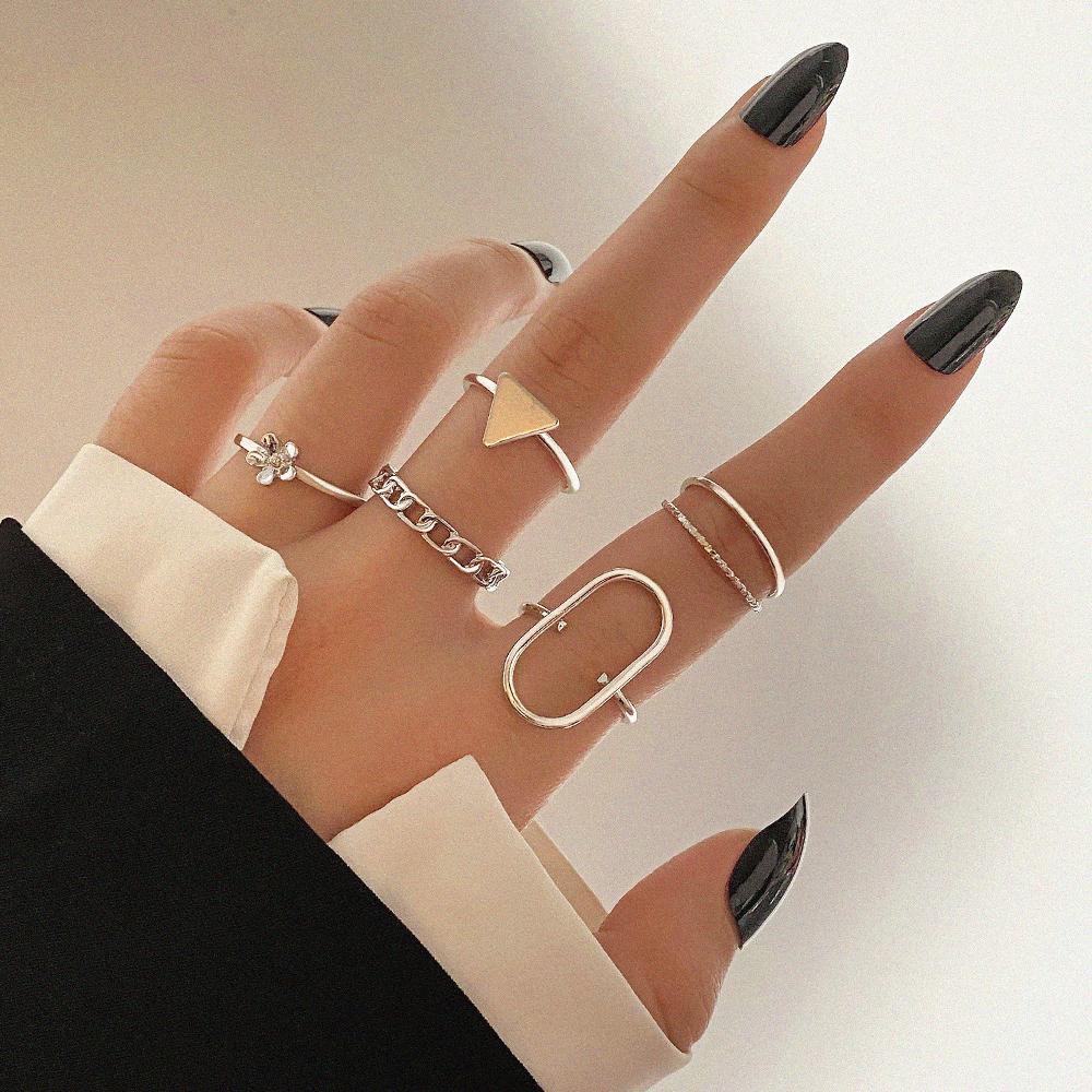 2023 Korean Simple Women Nightclub Ring Party Ring Geometric Carving Girl Student Ring Triangle Hollow Out Ring Set Combination