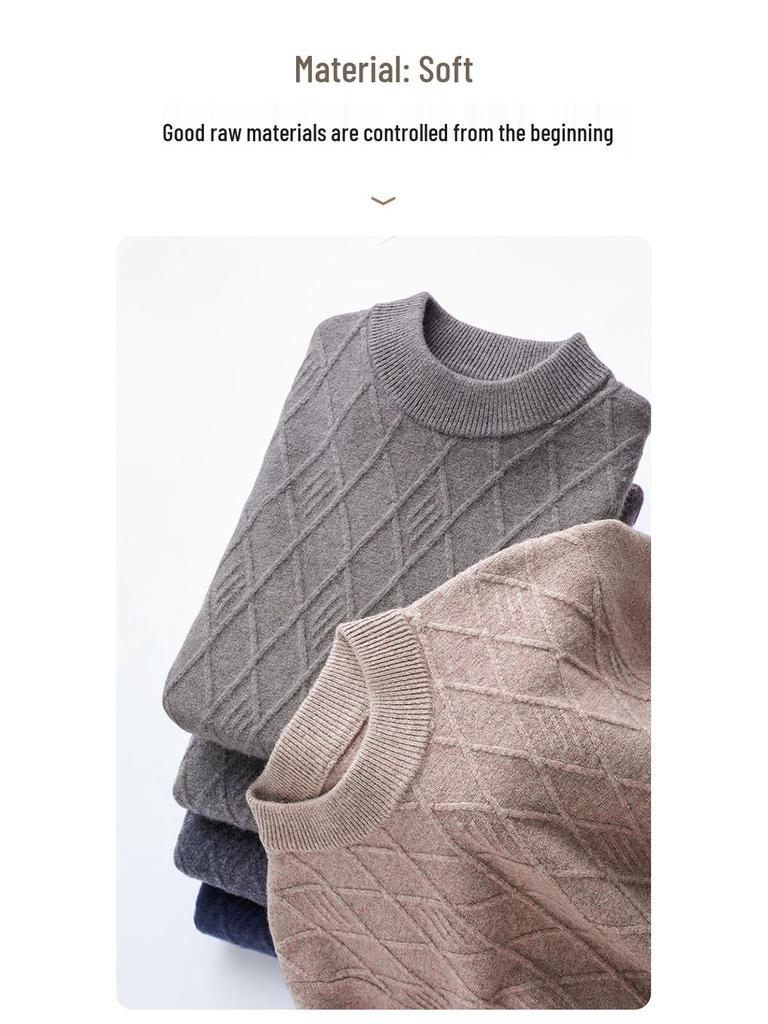 Men's 100% Wool Round Neck Winter Sweater, Casual Business Jacquard Knitwear