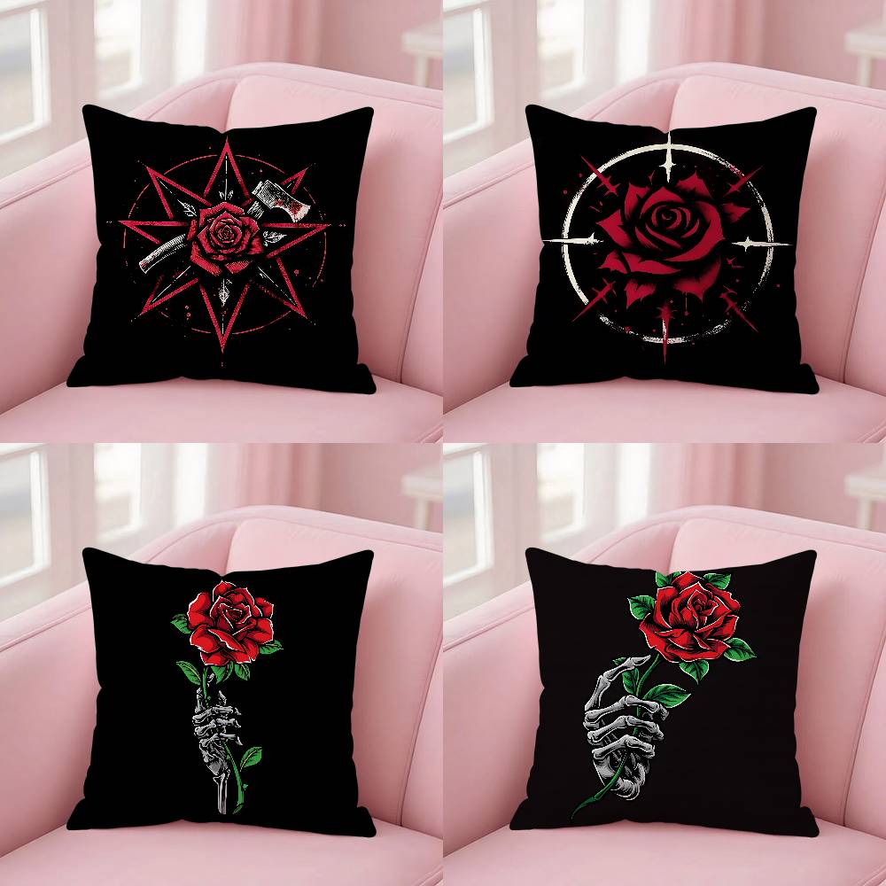 4 Pcs Black & Red Rose Case Plush Fabric Soft Pillowcase Double Sided Print Cushion Cover Household Gifts
