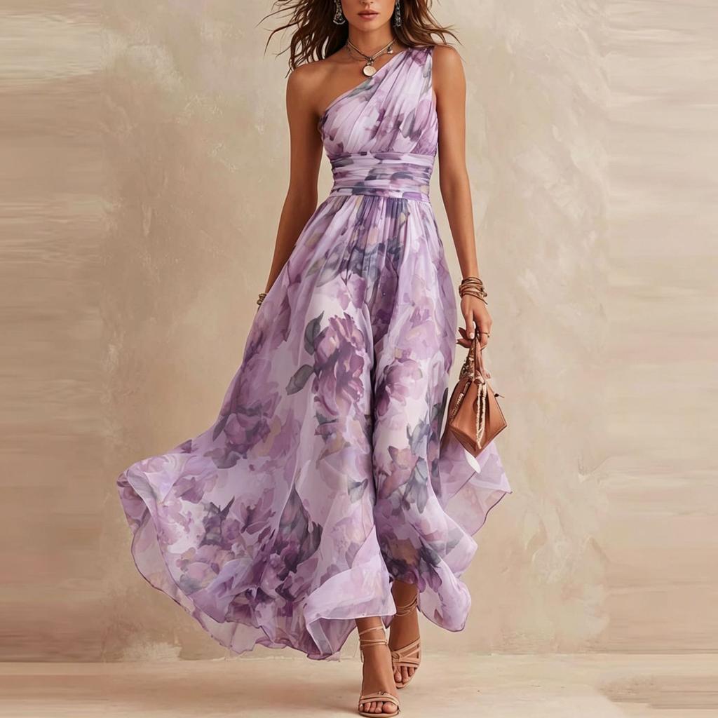 2026 Summer New European and American Cross-border Women's Clothing Digital Printing Temperament Elegant Slanted Shoulder Sleeveless Dress