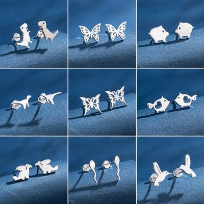 Koreanische 925er Kupfer Piercing Stecker Ohrringe für Damen Mode Dinosaurier Schwein Hai Schmetterling Ohrringe S925 Ohrpiercing Zirkon