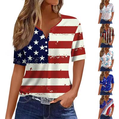 Lässiges T-Shirt für Damen zum Unabhängigkeitstag, bedruckt, V-Ausschnitt, kurzärmlig, mit Knöpfen