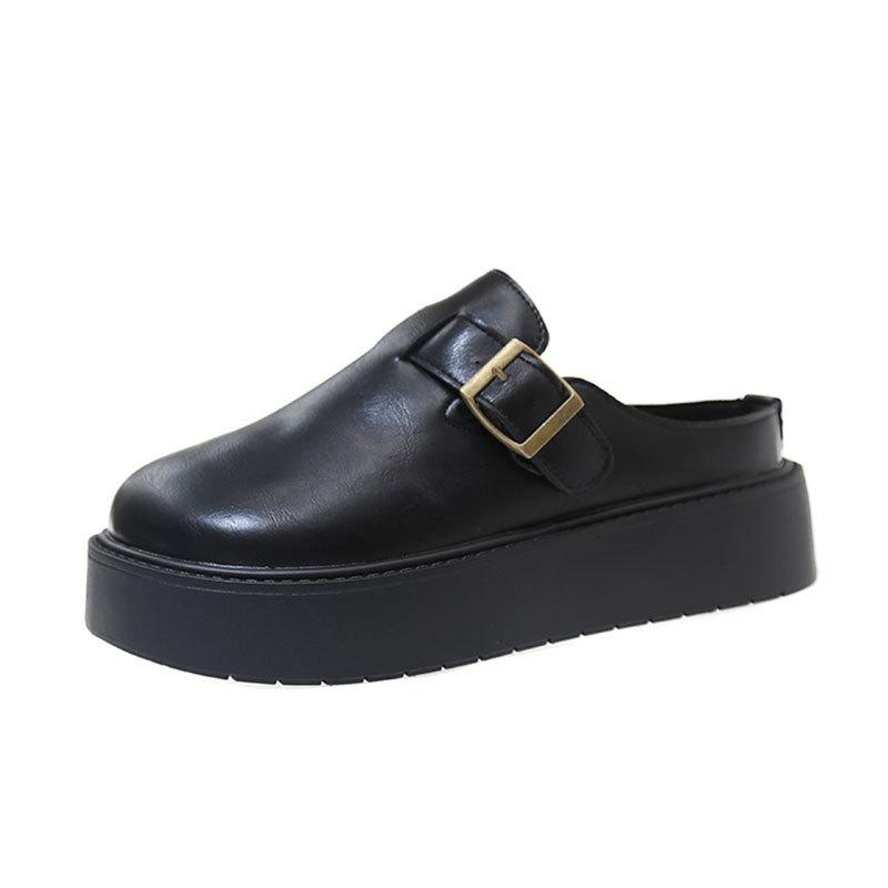Casual single shoes, lazy one pedal, black leather shoes for women, 2025 new spring and summer thick-soled bag head and half slippers