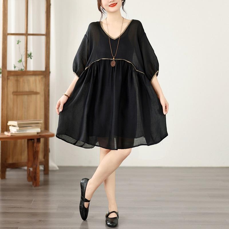 Short Sleeve Plus Size Cotton Vintage New In Dresses for Women Casual Loose Midi Summer Dress