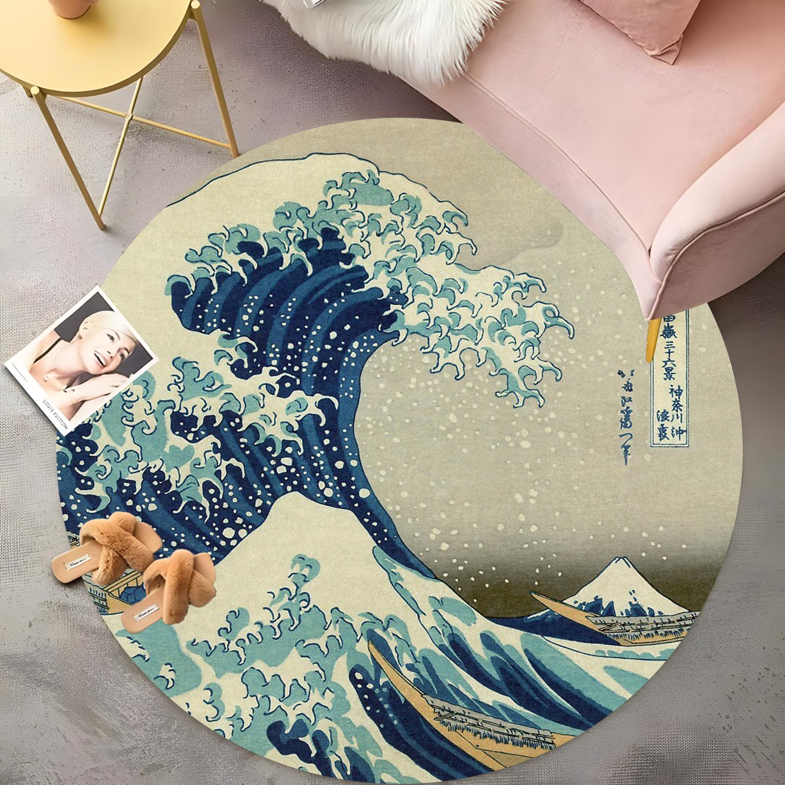 

Japanese Wave Round Rug - The Great Wave off Kanagawa Design, Blue & White Coastal Carpet, Non-Slip Boho Living Room Floor Mat 60cm