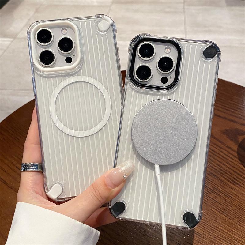 Transparent Stripe Soft TPU Phone Case For iPhone 16 15 14 Plus 13 12 11 Pro Max Clear Magnetic For Magsafe Wireless Charge Capa