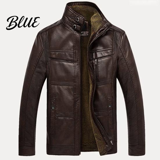 Men Long Sleeve Short Jacket Fleece Lined Faux Leather Stand Collar Zip Warm