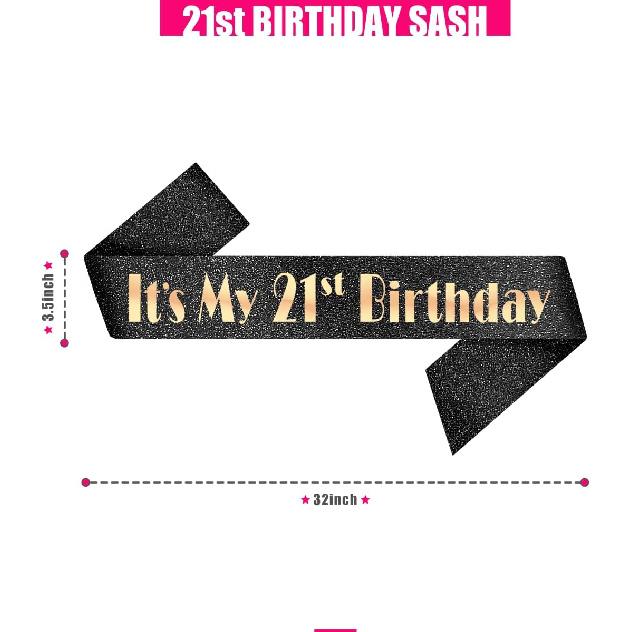 PartyForever 21st Birthday Decoration Sash for Women Black 32 inch Long Sash with Rose Gold "It's My 21st Birthday" Letters for Her