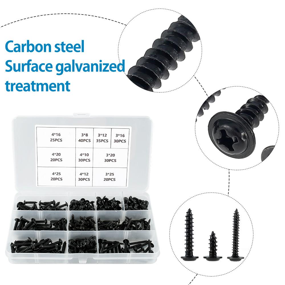 500/280Pcs M3/M4 Screws Black Self Tapping Screws Pan Head Cross Self Drilling Wood Screw Assortment Kit Carbon Steel Screws