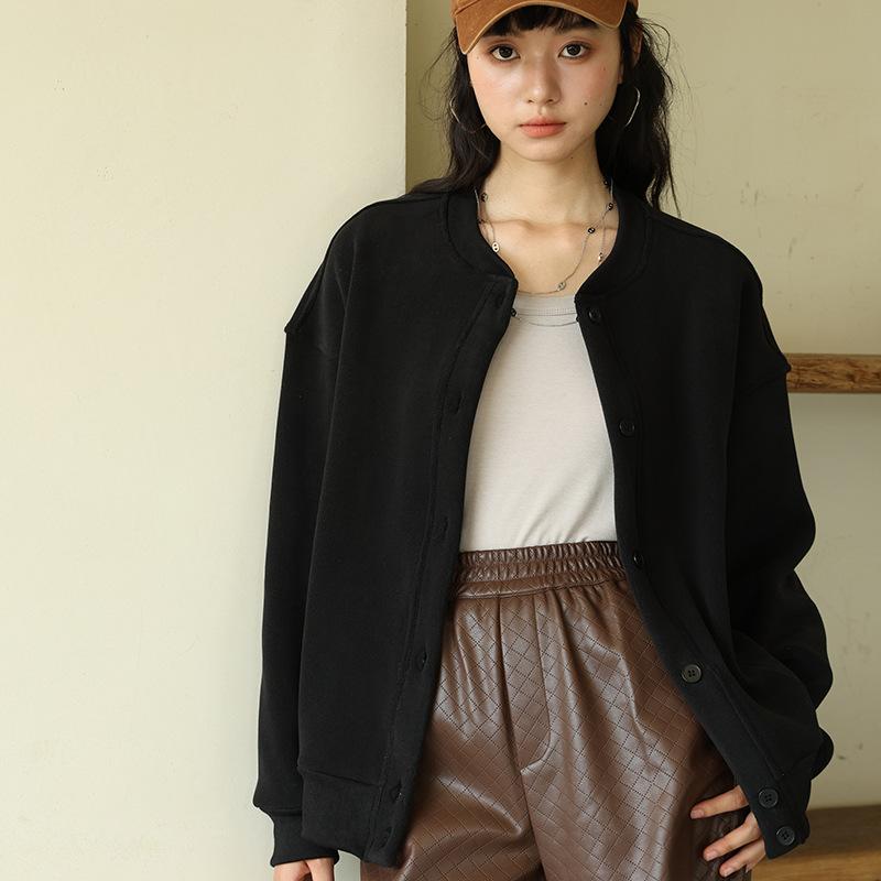 

Винтажная женская мягкая укороченная куртка-бомбер 2025 женская весна-осень шерстяная куртка женская мода короткие пальто L чёрный