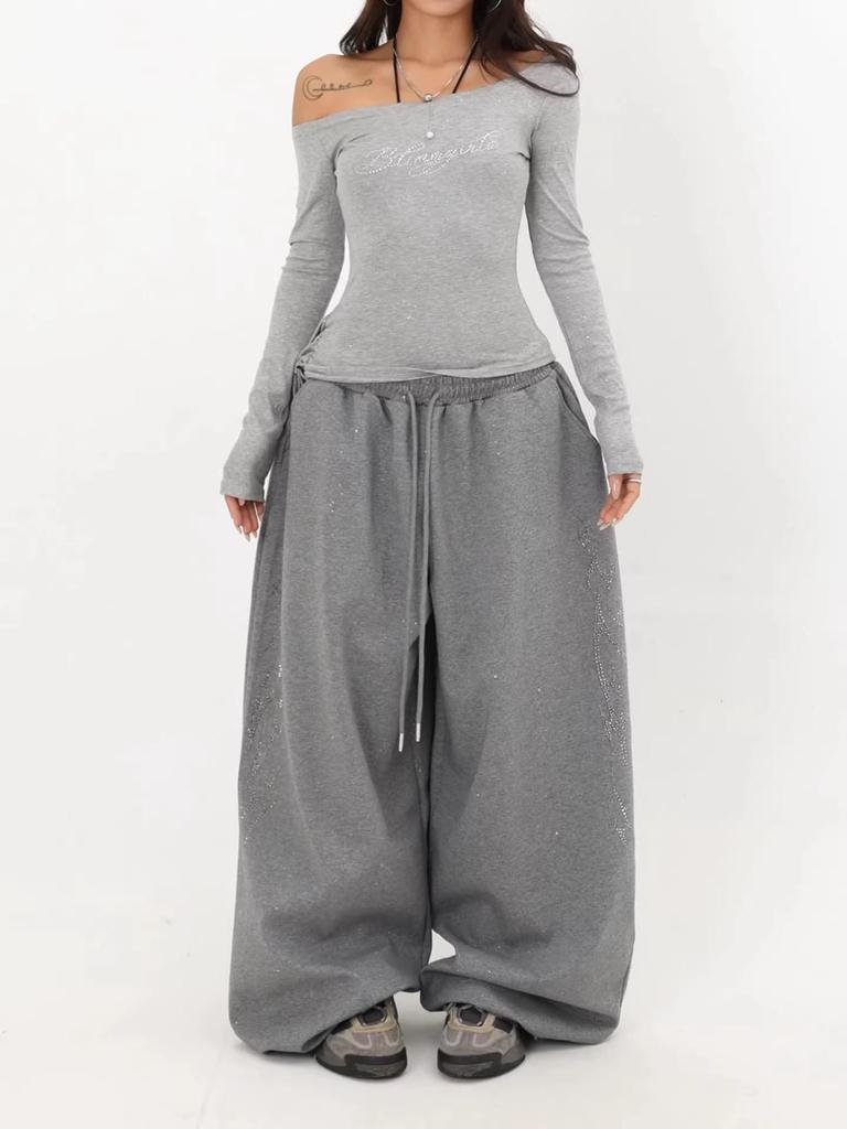 Damskie Srebrne Spodnie Taneczne Hip Hop Jazz Szerokie Nogawki Posypane Cyrkoniami
