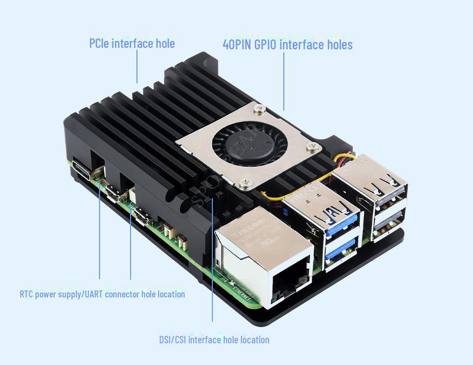 Pouzdro pro Raspberry Pi 5 z hliníkové slitiny pro odvod tepla s radiálním ventilátorem