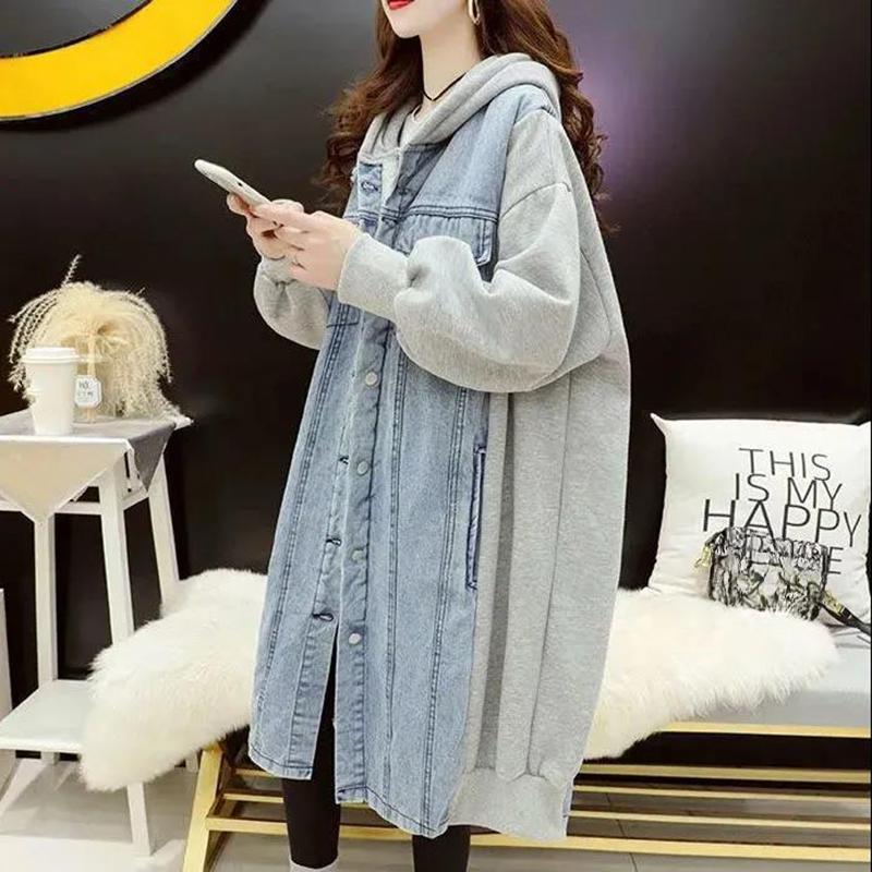 Mid-length Loose Hooded Cardigan Women's Stitching Denim Jacket Women's Solid Color Long-sleeved Warm Jacket with Pockets