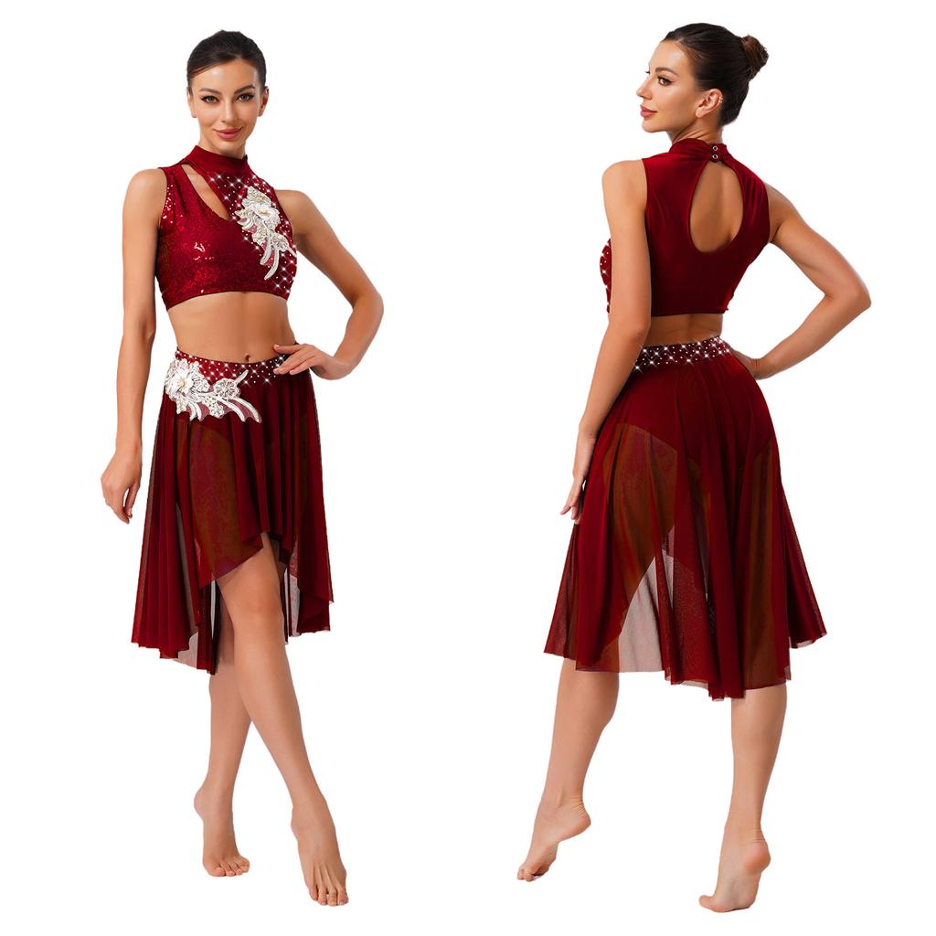 Embroidery Applique Dancewear Set for Women S-XXL: Sleeveless Hollow Crop Top & Irregular Mesh Hem Briefs-Type Skirt