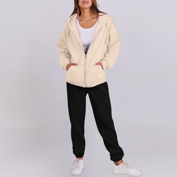 Dames Trainingspak Set Met Capuchon Lange Mouwen Effen Kleur Rits Elastische Taille Losse Mode
