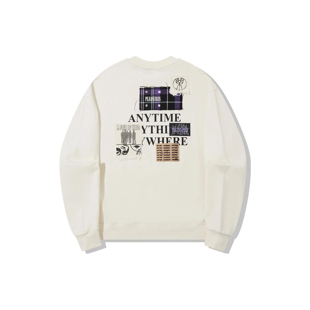Li Ning X Pleasures Kolaborace Dopis Kulatý Výstřih Pulovr Nášivka Volná Mikina Unisex mikina Off-White AWDTB99-3