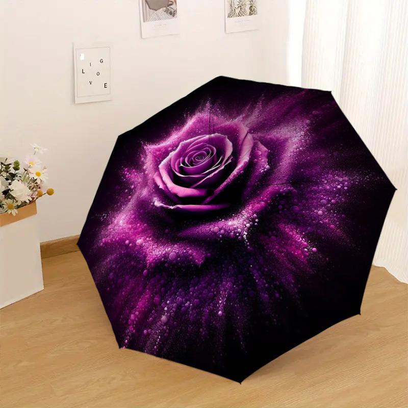 1pc Rose Purple Pattern Umbrella  Automatic Opening and Closing Umbrella, High Quality Umbrella, Ideal Gift for Her 201