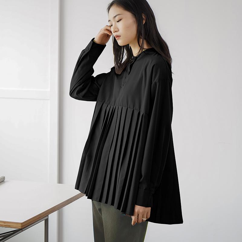 Spring Loose Solid Color Pleated Shirt, Women's Medium and Long Bottoming Shirt