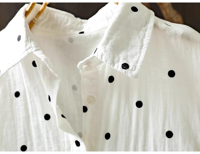 2025 Women's Cotton Linen Polka Dot Shirt - Short Sleeve, Loose Fit, Plus Size, Artistic Casual Summer Jacket