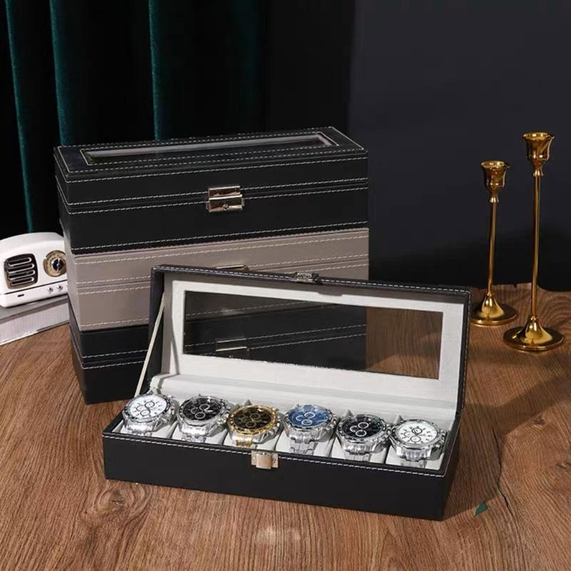 Black Leather Watch Organizer Case Display Box Accommodate Different Size Watch