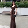 Sexy Spice Girl Style Suspender Mesh Dress Femininity Off Shoulder Waist Skinny Hips Long Skirt Night Dress