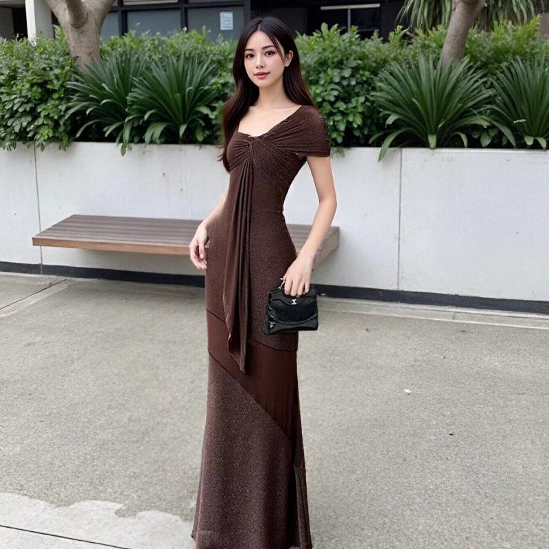 Sexy Spice Girl Style Suspender Mesh Dress Femininity Off Shoulder Waist Skinny Hips Long Skirt Night Dress