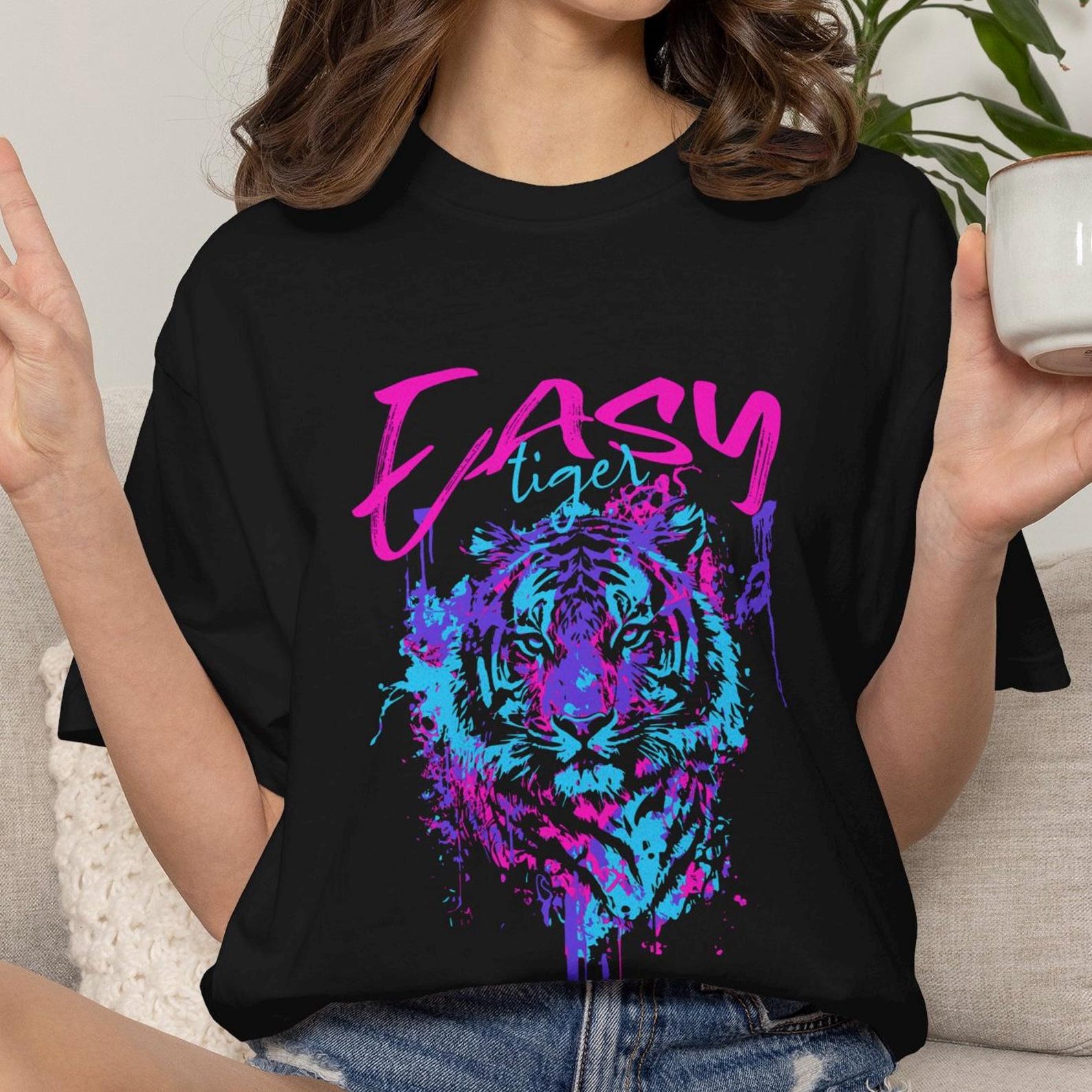 Tiger Comfort Colors Tshirt, Neon Tiger Graphic Tee, Retro Vintage Tiger T-Shirt, Animal Graphic Shirt XL