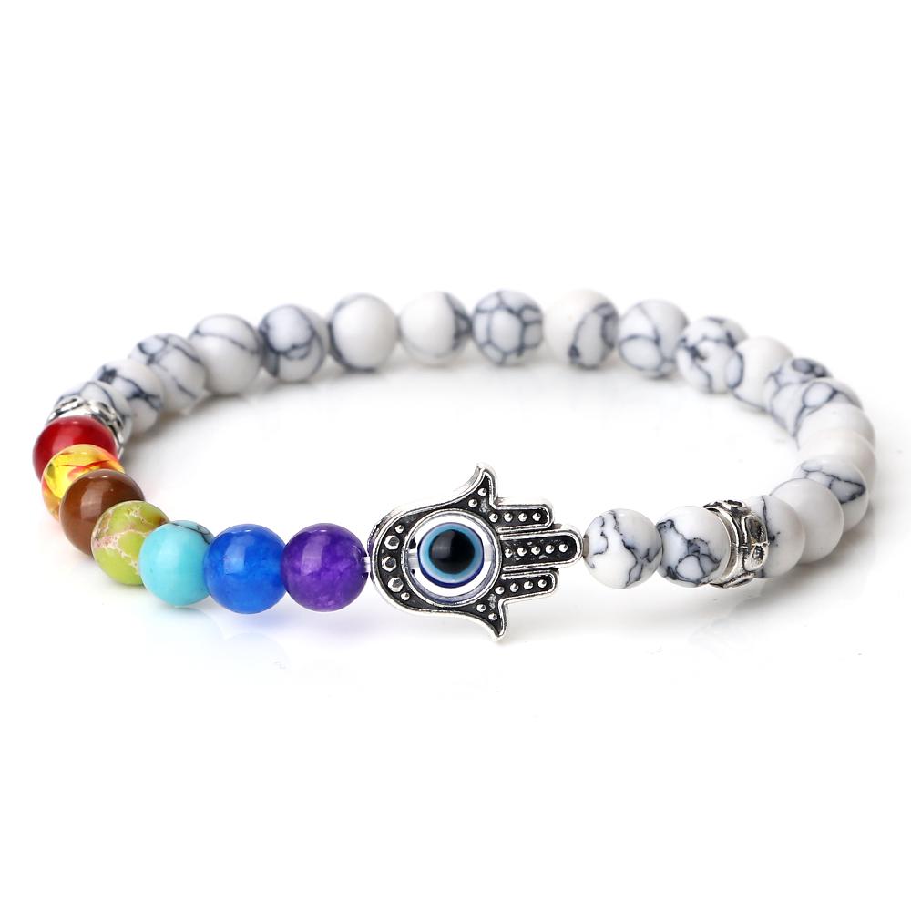 6mm 7 Chakra Beads Bracelets Lucky Evil Eye Hand Of Fatima Women Men Natural Lava Stone Agates Bracelet & Bangle Prayer Jewelry