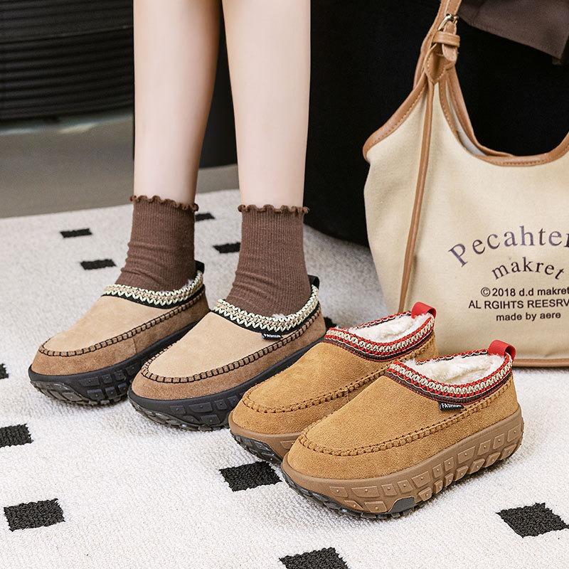 Winter New Leather Thick Velvet Tire Bottom Snow Boots Women's Retro Famous Style One-pedal Lazy Women's Cotton Boots