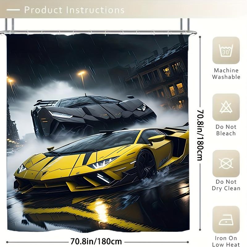 Speedy sports car shower curtain - dynamic racing design, creating an elegant bathroom environment, unbeatable handsome feeling