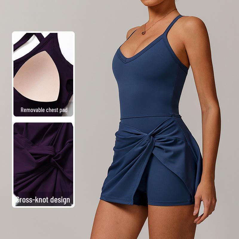 Recycled Anti-Exposure Twisted Design Tennis Dress with Cross Hollow Back and Skirt Hem