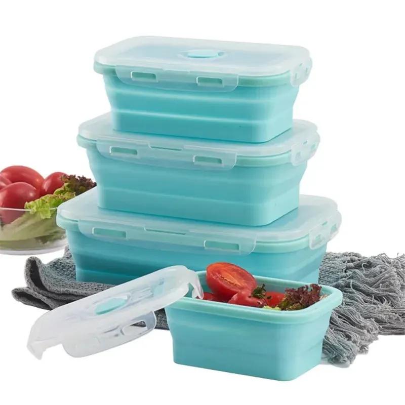 Silicone Folding Bento Box 4Pc Collapsible Portable Lunch Box for Food Dinnerware Food Container Bowl Lunchbox Tableware